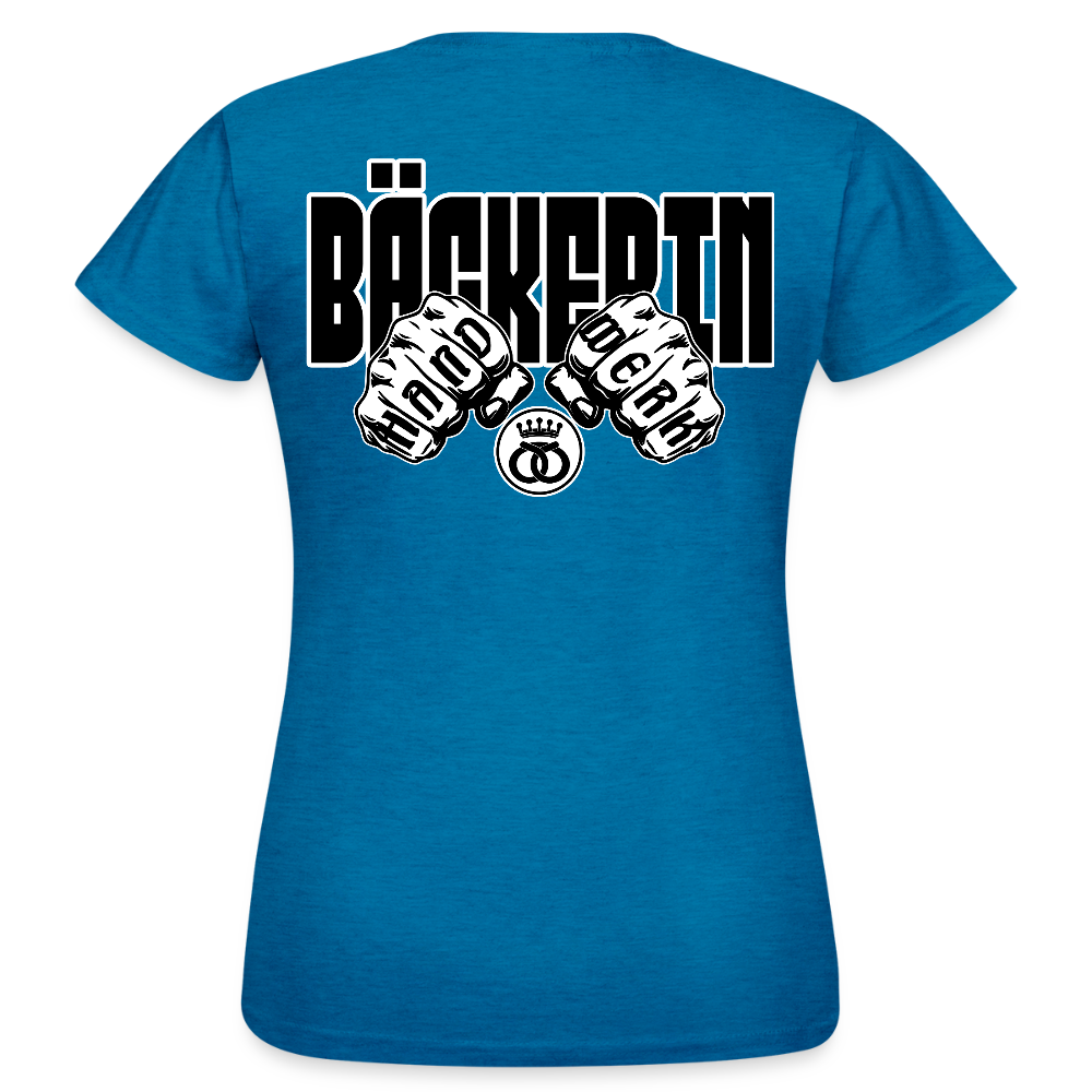 Frauen T-Shirt "Bäckerin" (beidseitig bedruckt) - Antikblaues Saphir meliert