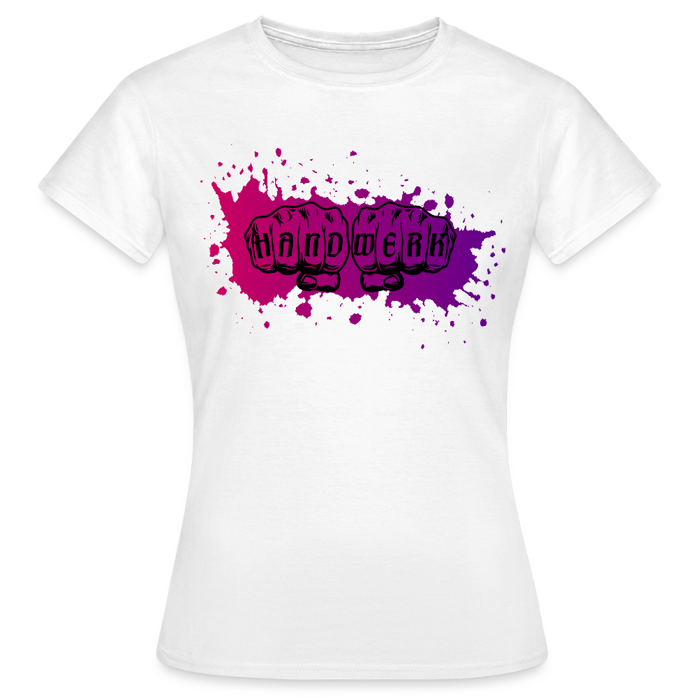 Violettes Frauen T-Shirt von Spreadconnect mit Splash-Design, schwarzer Hintergrund, bequemes Fit, casual Stil, Vorderansicht.