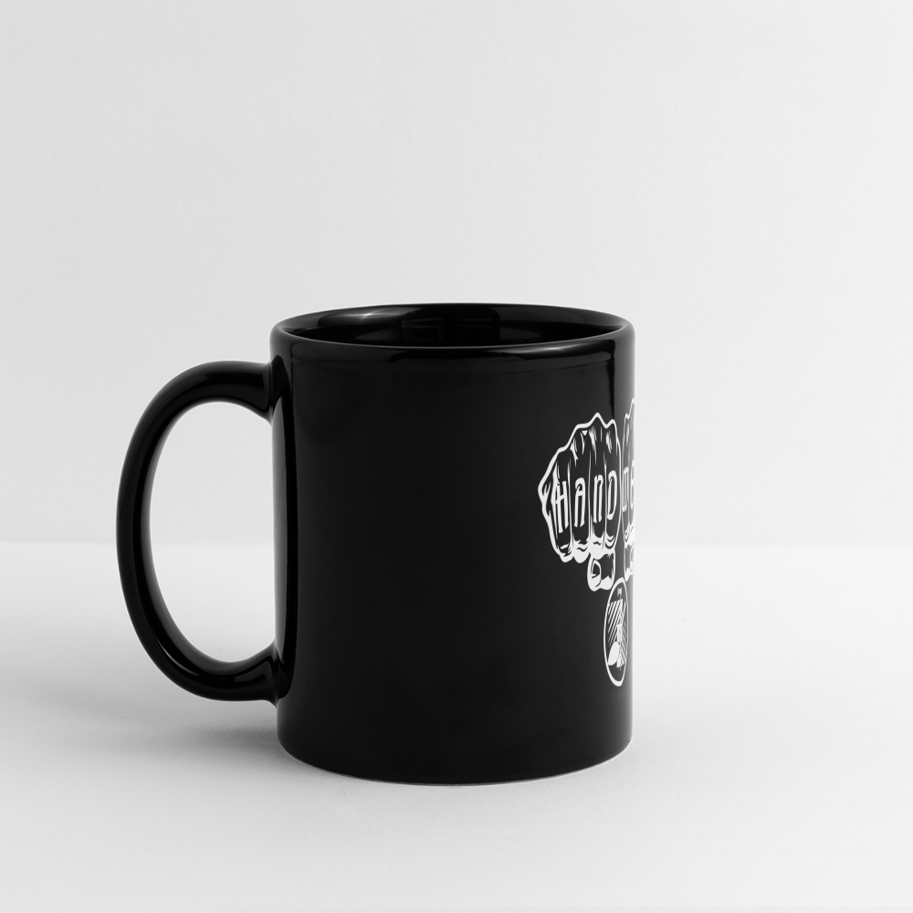 Bunte Panoramatasse "Fliesenleger" von Spreadconnect, schwarz mit farbigem Muster, große Tasse für Kaffee oder Tee