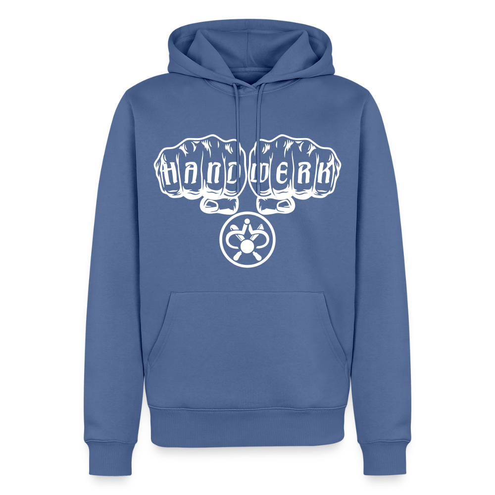 Männer Premium Hoodie "Drechsler" in Jeansblau von Spreadconnect, leichter Pullover mit Kapuze und relaxed Fit, vorne mit Druck.