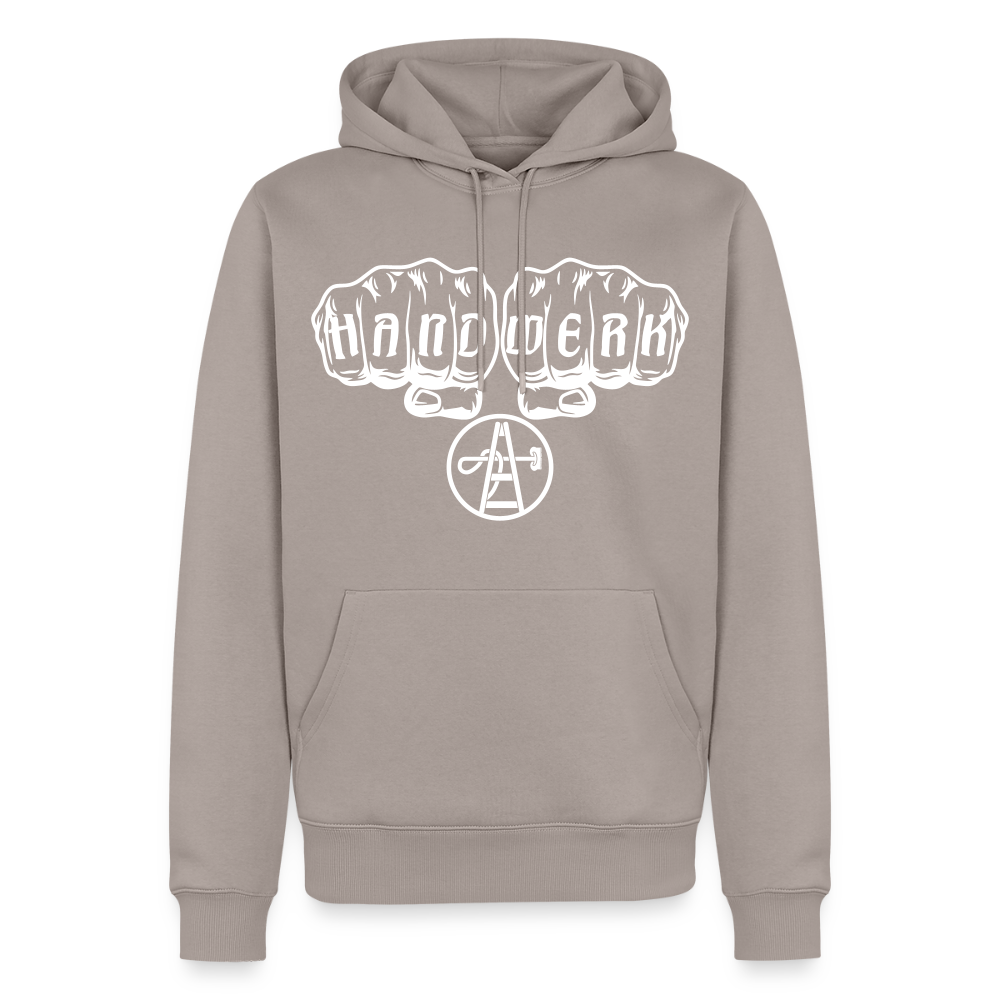 Schwarzer Männer Premium Hoodie "Gebäudereiniger" von Spreadconnect, bequemes Sweatshirt mit Kapuze, Vorderansicht.