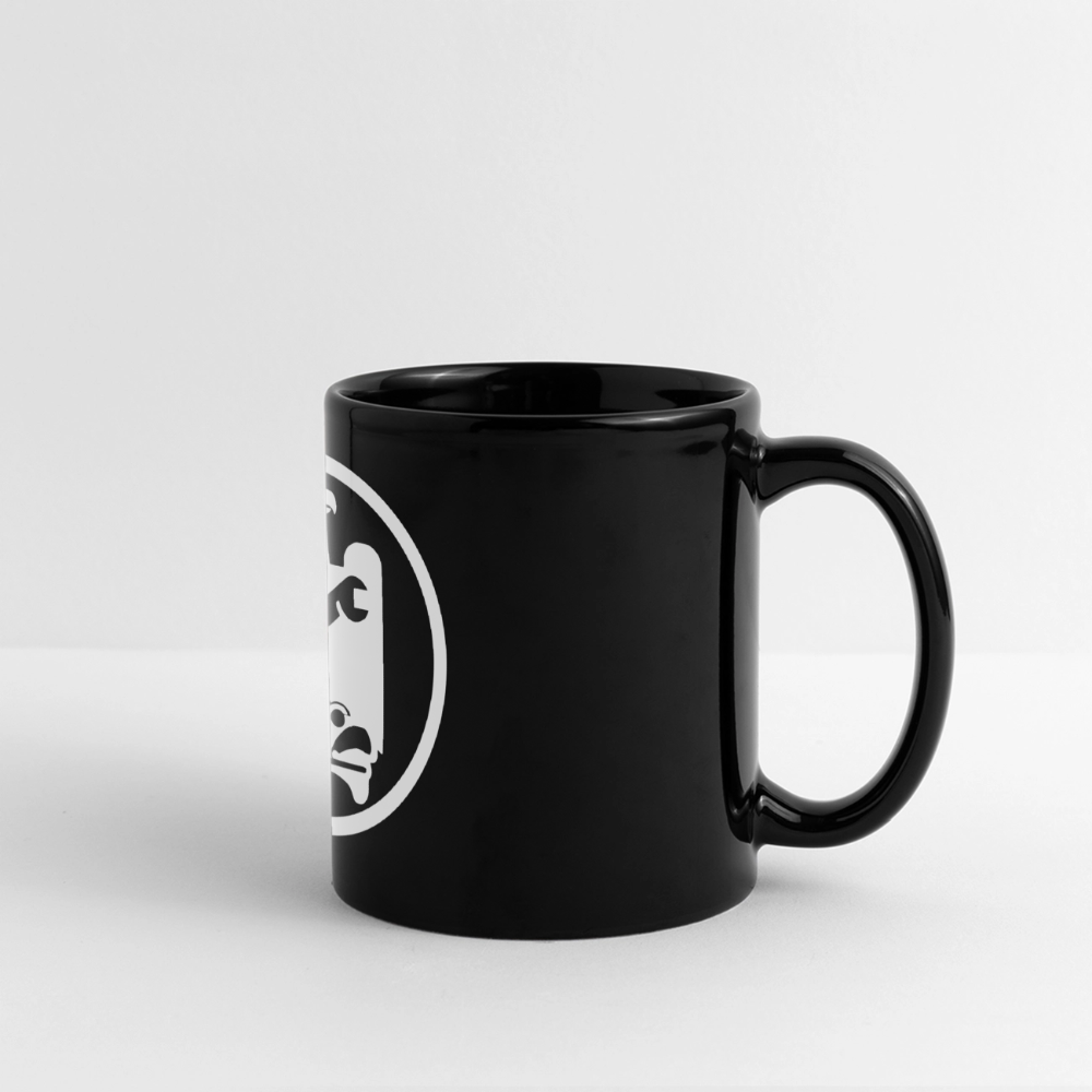 Panoramatasse schwarz mit Kfz-Mechaniker-Design, farbige Keramiktasse von Spreadconnect, große Motivfläche, ideal für Auto- und Mechanikerfans