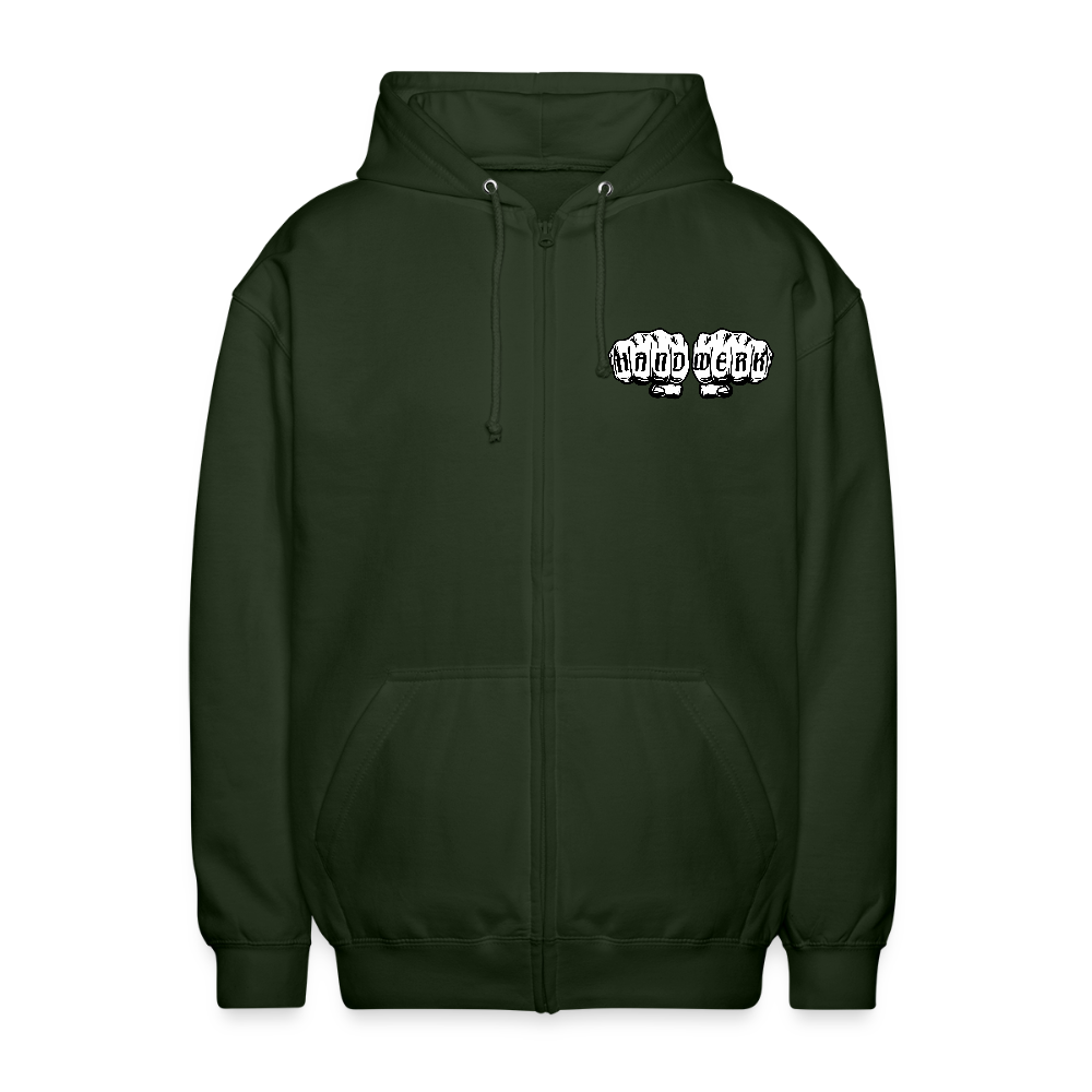 Unisex Kapuzenjacke Spreadconnect Premium Zip-Hoodie „Handwerk“ in Schwarz mit Reißverschluss und Kapuze.