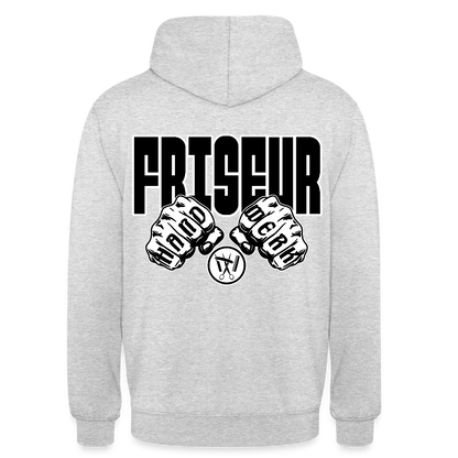 Unisex Hoodie "Friseur" (beidseitig bedruckt) Hellgrau meliert Unisex Hoodie