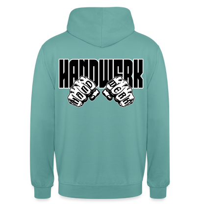 Unisex Hoodie "Handwerk" (beidseitig bedruckt) Pastelltürkis Unisex Hoodie