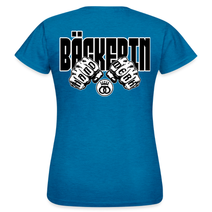Frauen T-Shirt "Bäckerin" (beidseitig bedruckt) - Antikblaues Saphir meliert