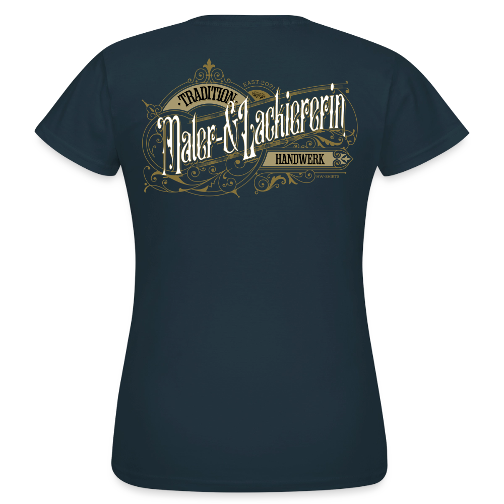 Frauen T-Shirt "Maler-&Lackiererin" von Spreadconnect, nostalgisches Design, zeigt ein stilisiertes Maler- und Lackierer-Motiv auf weißem Hintergrund