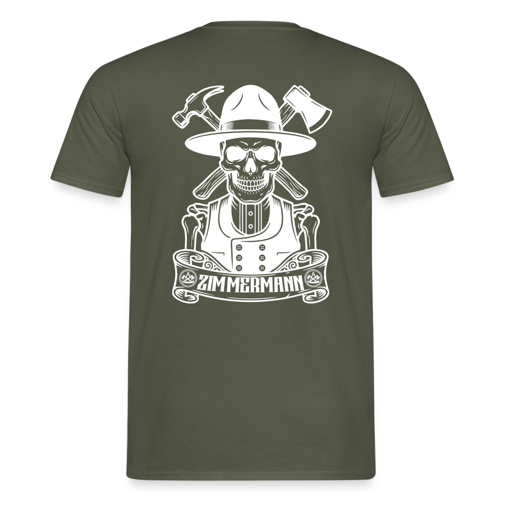 Unisex Zimmermann T-Shirt von Spreadconnect, beidseitig bedruckt mit Handwerker-Design, zeigt Skull & Zunft Motive.