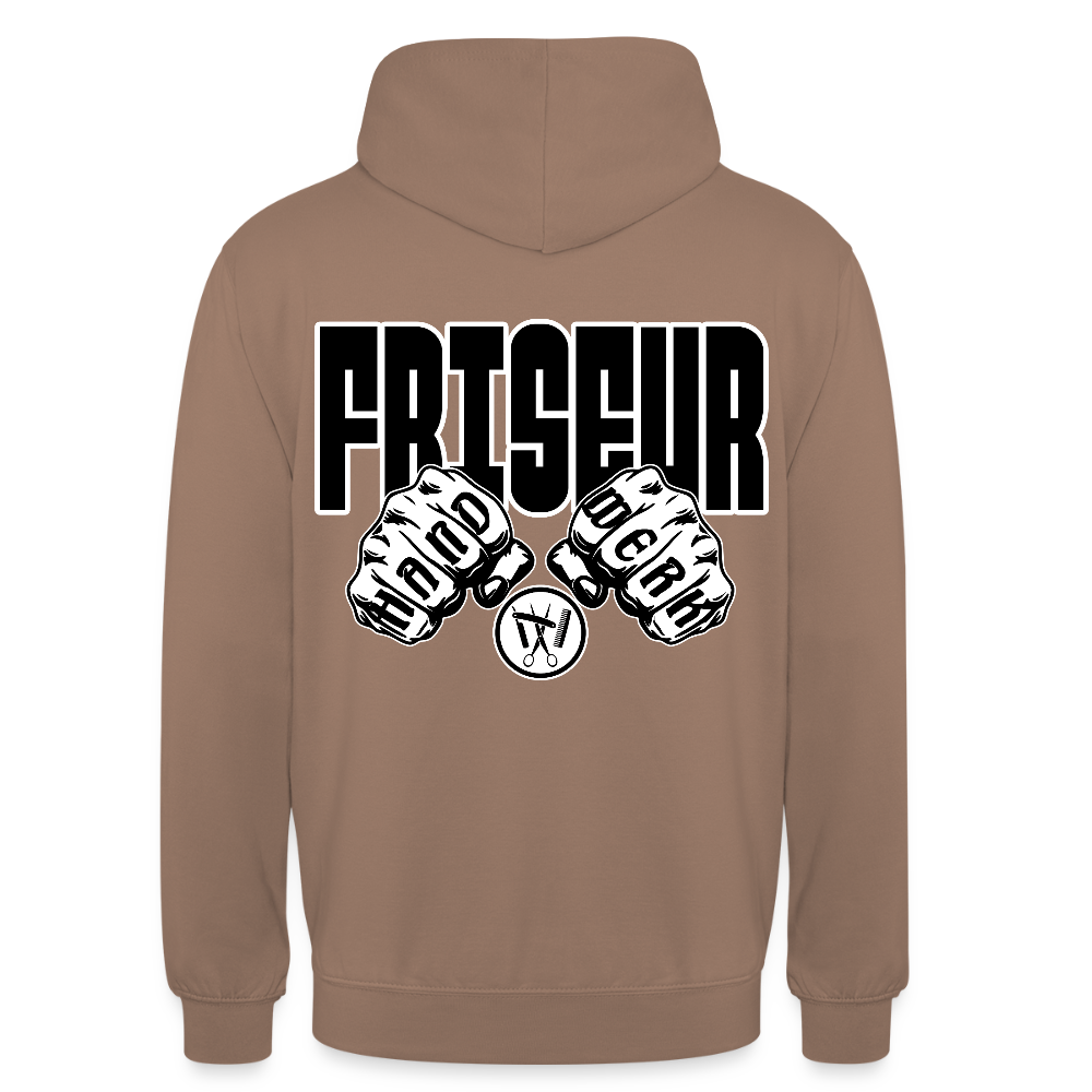 Unisex Hoodie "Friseur" (beidseitig bedruckt) Mokka Unisex Hoodie