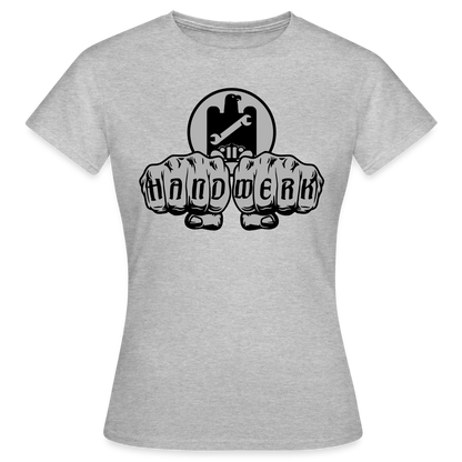 Hellgraues Frauen T-Shirt mit KFZ-Mechaniker-Design und Power-Print von Spreadconnect, locker geschnitten, Baumwolle.
