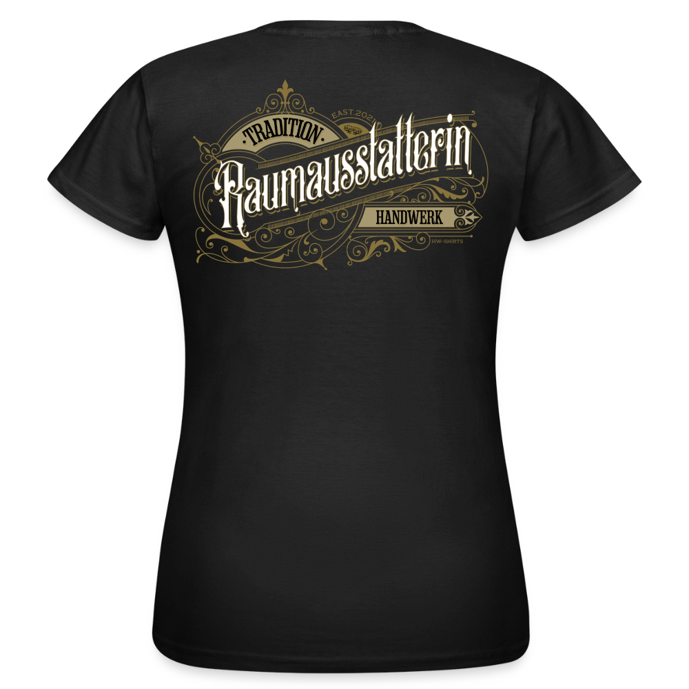 Frauen T-Shirt "Raumausstatterin" von Spreadconnect mit nostalgischem Druck, kurze Ärmel und komfortabler Passform sichtbar.
