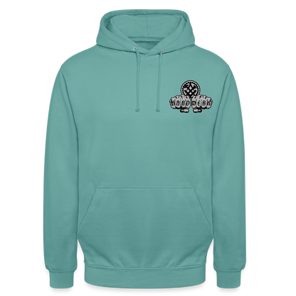 Unisex Hoodie "Mechaniker" beidseitig bedruckt Pastelltürkis Unisex Hoodie