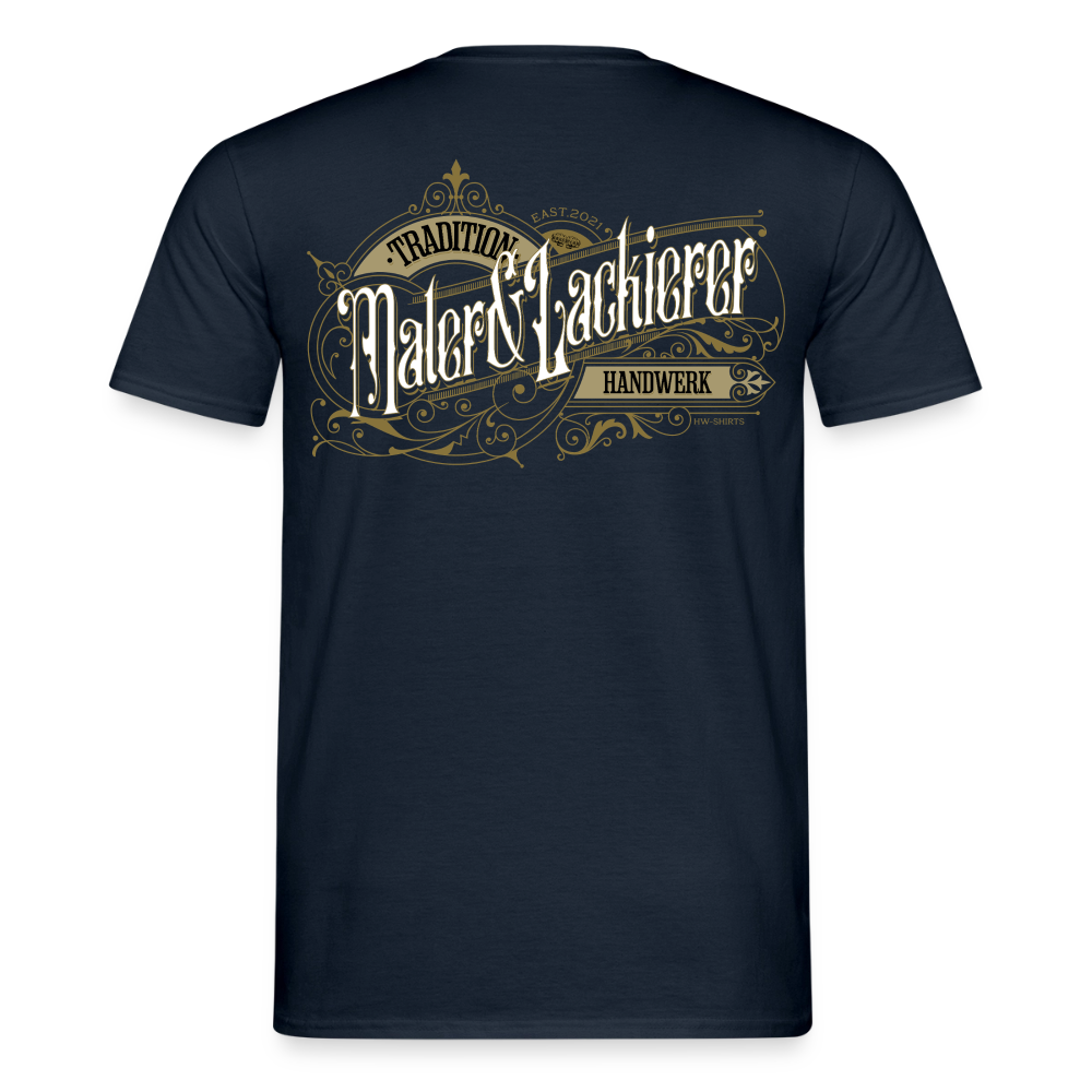 Unisex T-Shirt "Maler & Lackierer" von Spreadconnect, nostalgisches Design, zeigt Maler- und Lackierer-Motiv auf grau-weißem Stoff