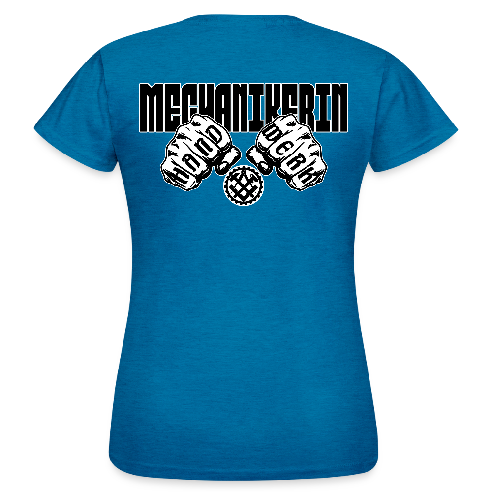 Frauen T-Shirt "Mechanikerin" (beidseitig bedruckt) Antikblaues Saphir meliert Frauen T-Shirt