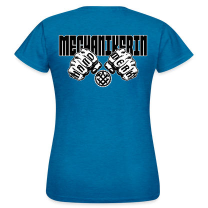 Frauen T-Shirt "Mechanikerin" (beidseitig bedruckt) Antikblaues Saphir meliert Frauen T-Shirt