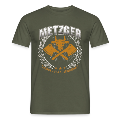 Unisex Metzger T-Shirt von Spreadconnect, traditionelles Design, sichtbare Druckgrafik auf weißem Baumwollshirt für Männer.