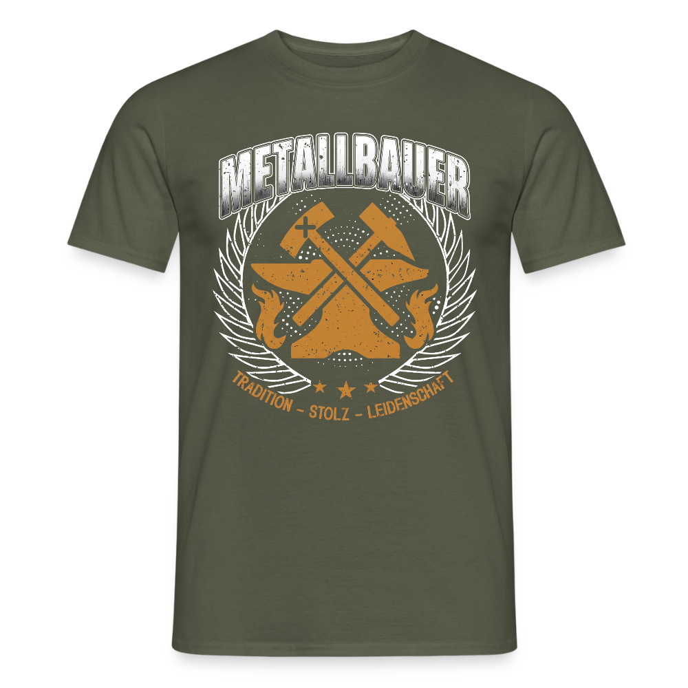 Unisex Metallbauer T-Shirt von Spreadconnect, bequemes Männer T-Shirt mit Tradition, zeigt das Metallbauer-Motiv auf weißem Stoff.