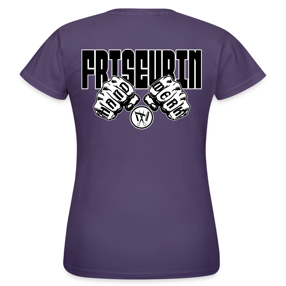 Frauen T-Shirt "Friseurin" (beidseitig bedruckt) Dunkellila Frauen T-Shirt