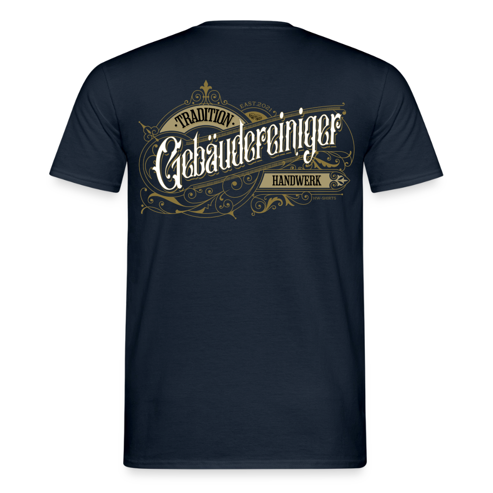 Unisex T-Shirt "Gebäudereiniger"-Nostalgie von Spreadconnect, Männer T-Shirt mit nostalgischem Gebäudereiniger-Design auf weißem Stoff
