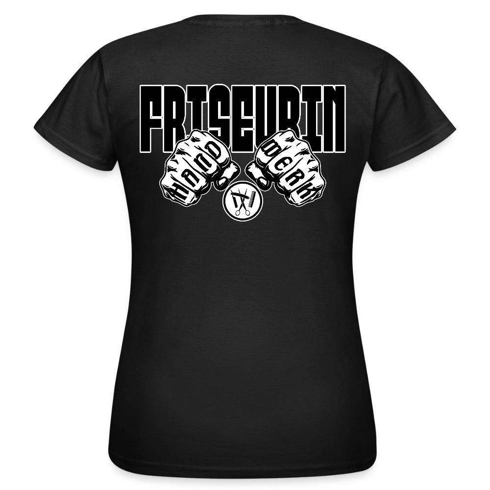 Frauen T-Shirt "Friseurin" (beidseitig bedruckt) Schwarz Frauen T-Shirt