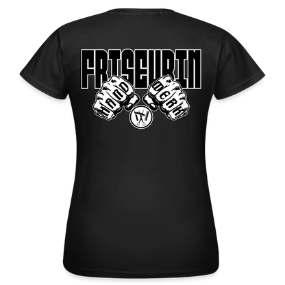 Frauen T-Shirt "Friseurin" (beidseitig bedruckt) Schwarz Frauen T-Shirt