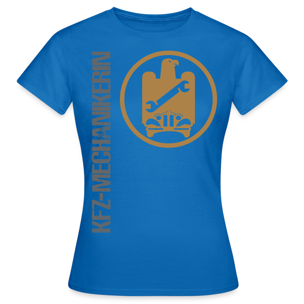 Frauen T-Shirt "KFZ-Mechanikerin" von Spreadconnect, bequemer Schnitt, mit mechanischem Design, auf weißem Hintergrund.