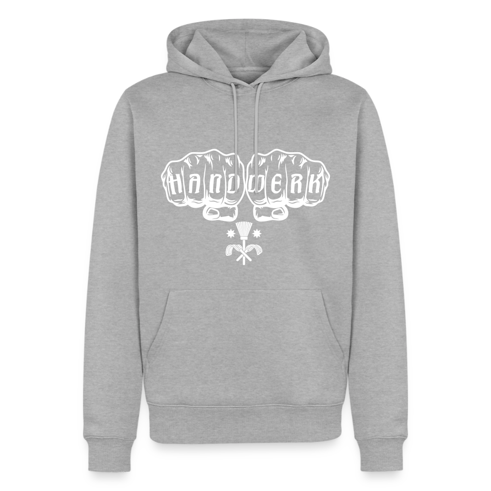 Männer Premium Hoodie "Schornsteinfeger" von Spreadconnect, dunkelgrau mit gedrucktem Motiv auf der Vorderseite.