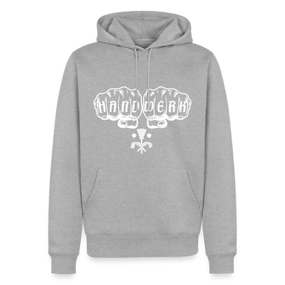 Männer Premium Hoodie "Schornsteinfeger" von Spreadconnect, dunkelgrau mit gedrucktem Motiv auf der Vorderseite.
