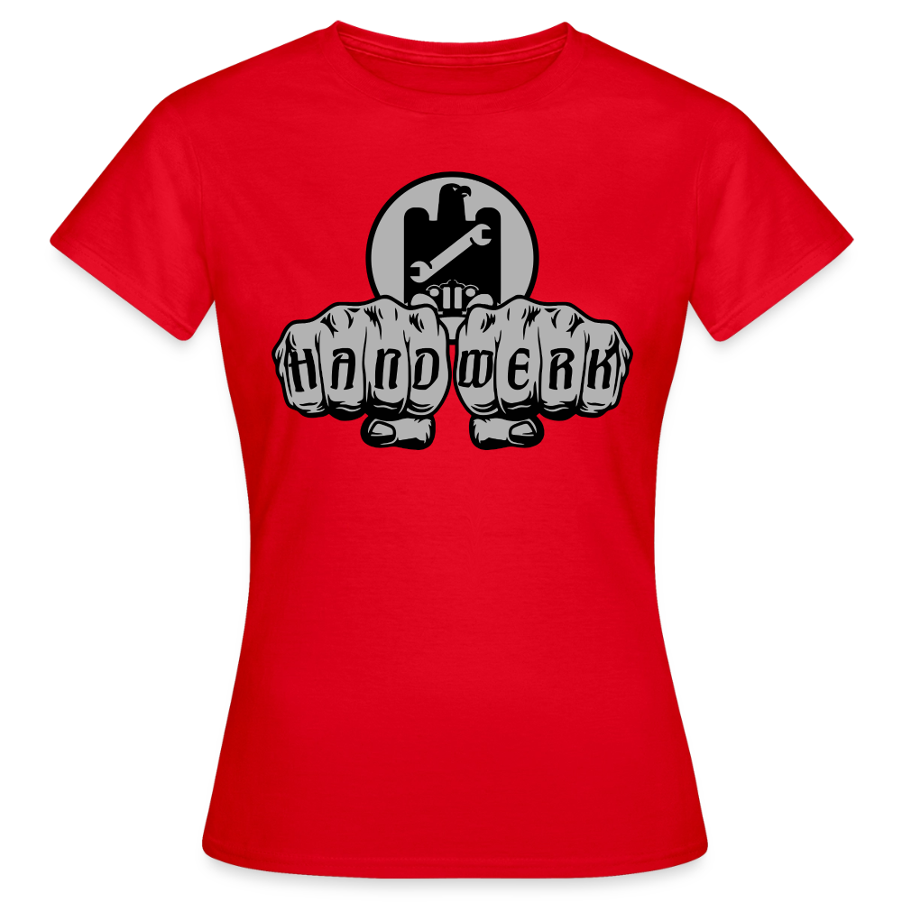 Helles Frauen T-Shirt "KFZ-Mechaniker"-Power von Spreadconnect mit mechanischem Auto-Design auf weißem Hintergrund.