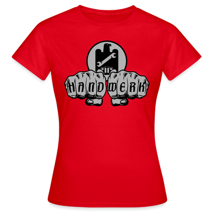 Helles Frauen T-Shirt "KFZ-Mechaniker"-Power von Spreadconnect mit mechanischem Auto-Design auf weißem Hintergrund.