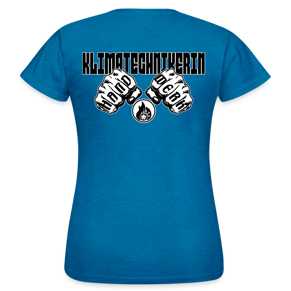 Frauen T-Shirt "Klimatechnikerin" (beidseitig bedruckt) - Antikblaues Saphir meliert