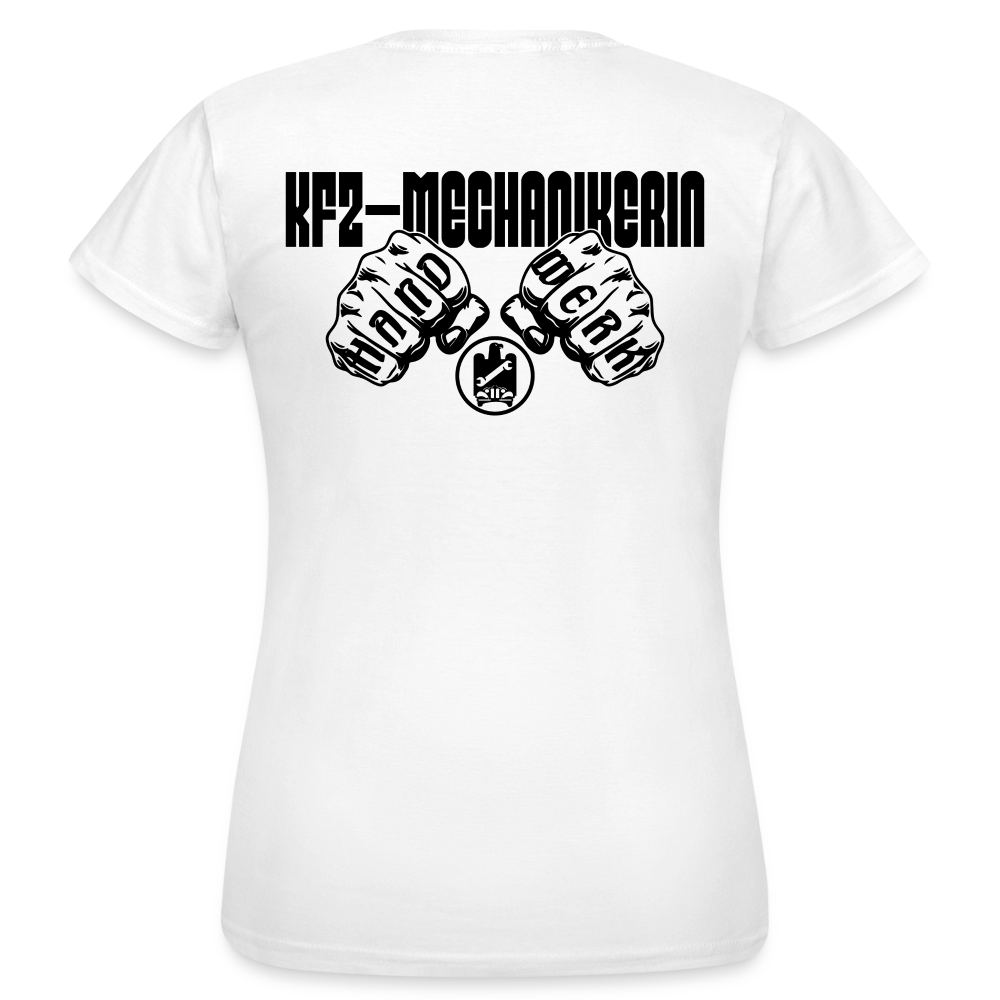Frauen T-Shirt "KFZ-Mechanikerin" von Spreadconnect, weißen Kurzarm T-Shirt mit mechanikerischer Grafik, bequem und modisch.