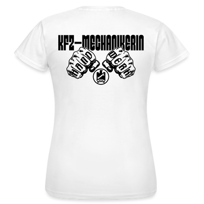 Frauen T-Shirt "KFZ-Mechanikerin" von Spreadconnect, weißen Kurzarm T-Shirt mit mechanikerischer Grafik, bequem und modisch.