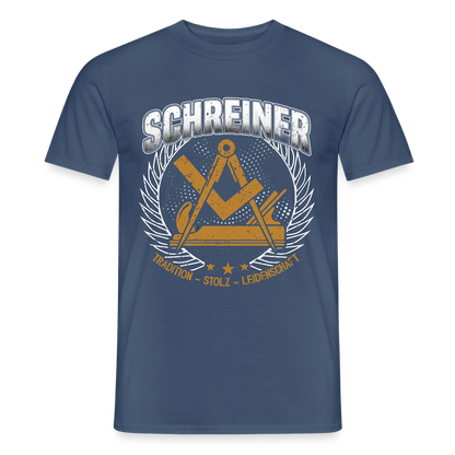 Unisex Tradition Schreiner Männer T-Shirt in Weiß mit schwarzem Print, weiches Baumwollmaterial, entspanntes Design.