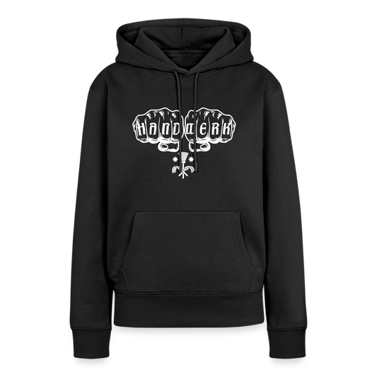 Frauen Premium Hoodie "Schornsteinfeger" von Spreadconnect, bequemer schwarzer Kapuzenpullover mit nachhaltigem Design.