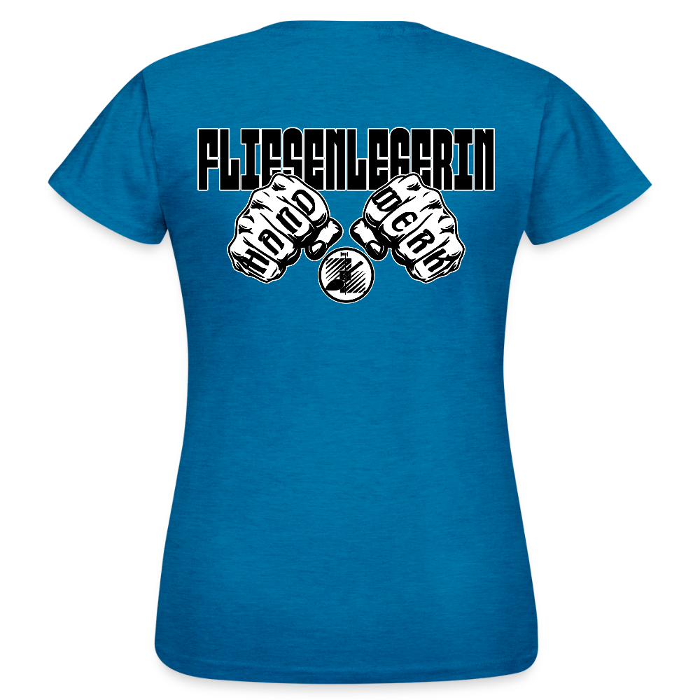 Frauen T-Shirt "Fliesenlegerin" (beidseitig bedruckt) Antikblaues Saphir meliert Frauen T-Shirt