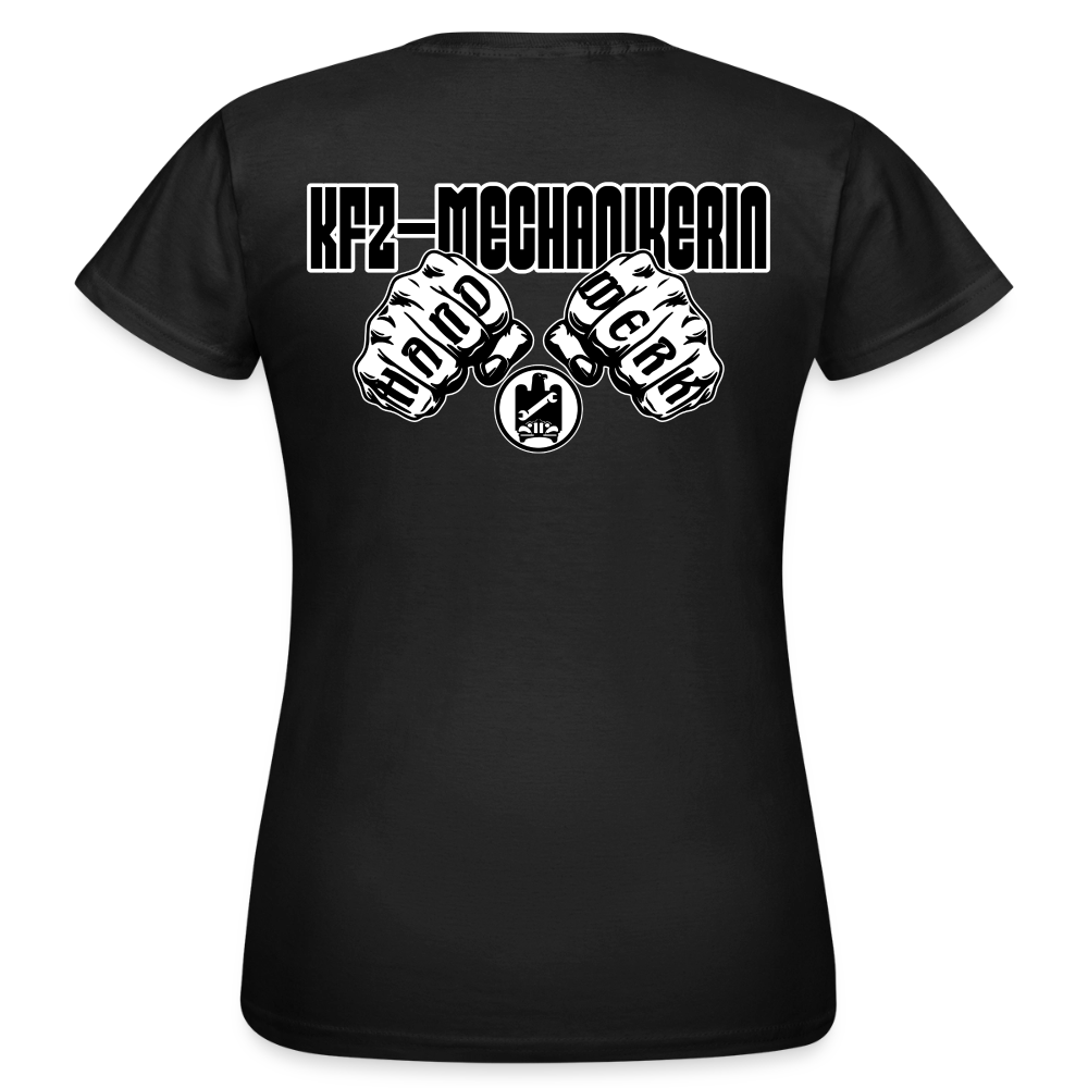 Frauen T-Shirt "KFZ-Mechanikerin" von Spreadconnect, bequemes Baumwollshirt mit Mechaniker-Design, auf hellem Hintergrund.