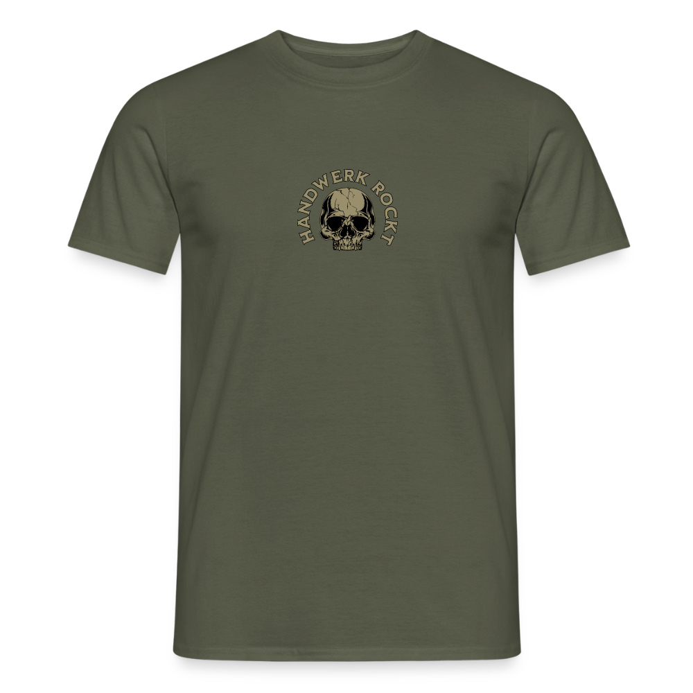 Unisex T-Shirt "Handwerk-Rockt" von Spreadconnect, beidseitig bedruckt, aus weichem Stoff, zeigt handwerkliche Designs in Schwarz und Weiß.