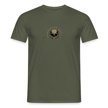 Unisex T-Shirt "Handwerk-Rockt" von Spreadconnect, beidseitig bedruckt, aus weichem Stoff, zeigt handwerkliche Designs in Schwarz und Weiß.