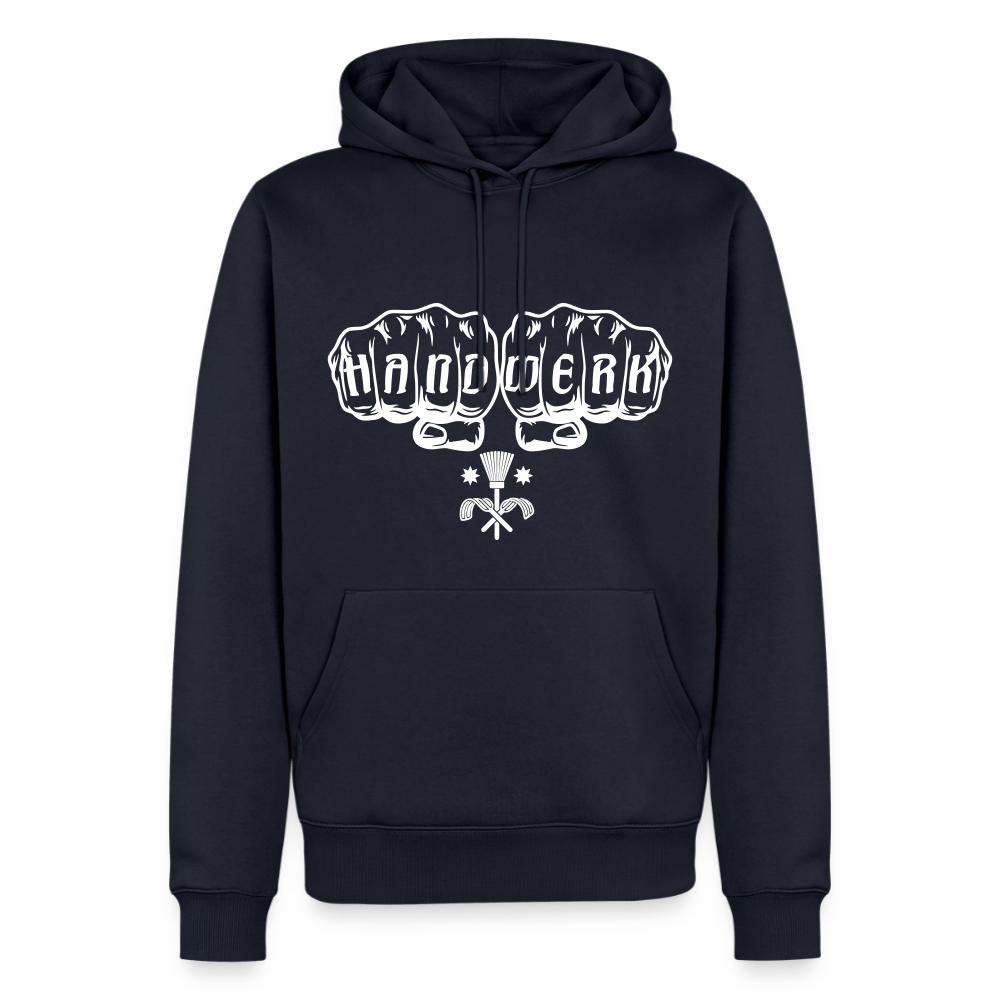 Männer Premium Hoodie "Schornsteinfeger" von Spreadconnect, bequemer schwarzer Pullover mit Schornsteinfeger-Design vorne.