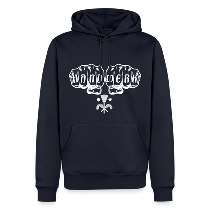 Männer Premium Hoodie "Schornsteinfeger" von Spreadconnect, bequemer schwarzer Pullover mit Schornsteinfeger-Design vorne.
