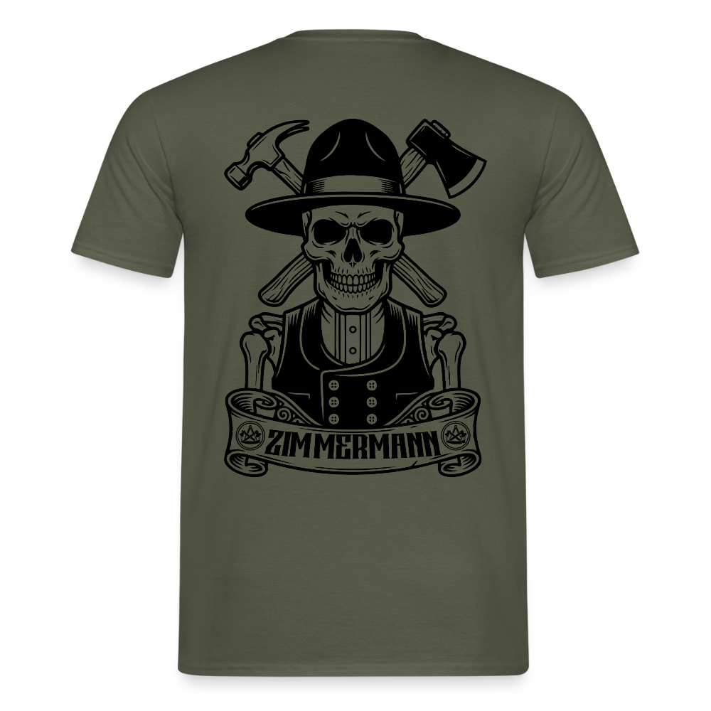 Unisex Zimmermann T-Shirt von Spreadconnect, beidseitig bedruckt mit Handwerker-Design, zeigt Skull & Zunft Motive.
