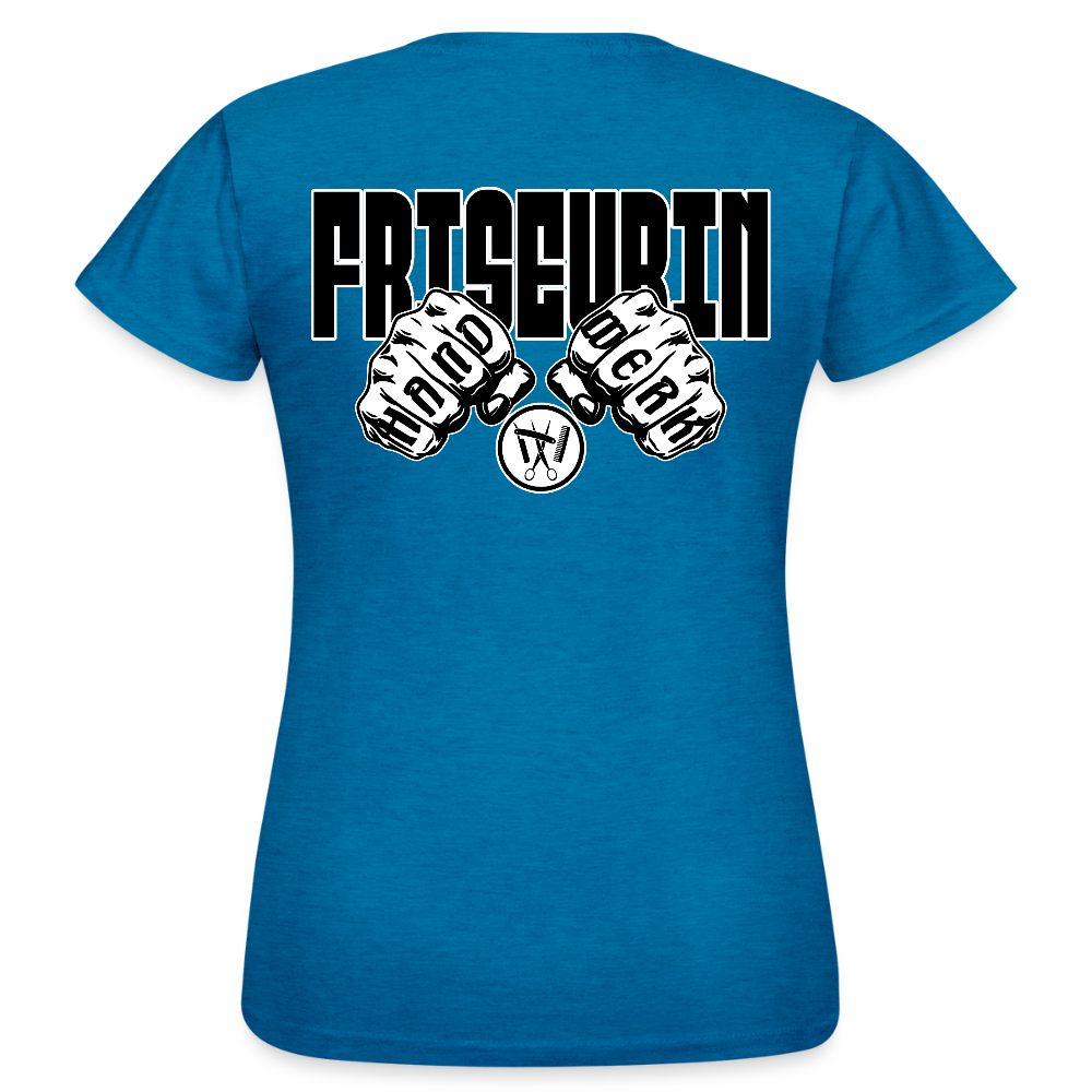 Frauen T-Shirt "Friseurin" (beidseitig bedruckt) Antikblaues Saphir meliert Frauen T-Shirt