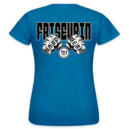 Frauen T-Shirt "Friseurin" (beidseitig bedruckt) Antikblaues Saphir meliert Frauen T-Shirt