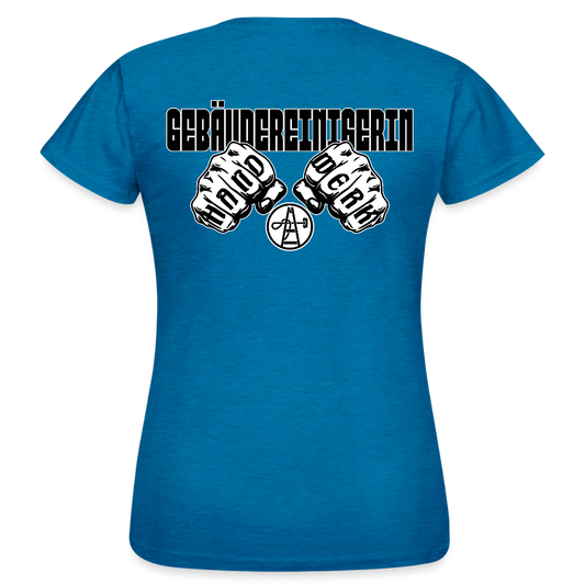 Frauen T-Shirt "Gebäudereinigerin" (beidseitig bedruckt) - Antikblaues Saphir meliert
