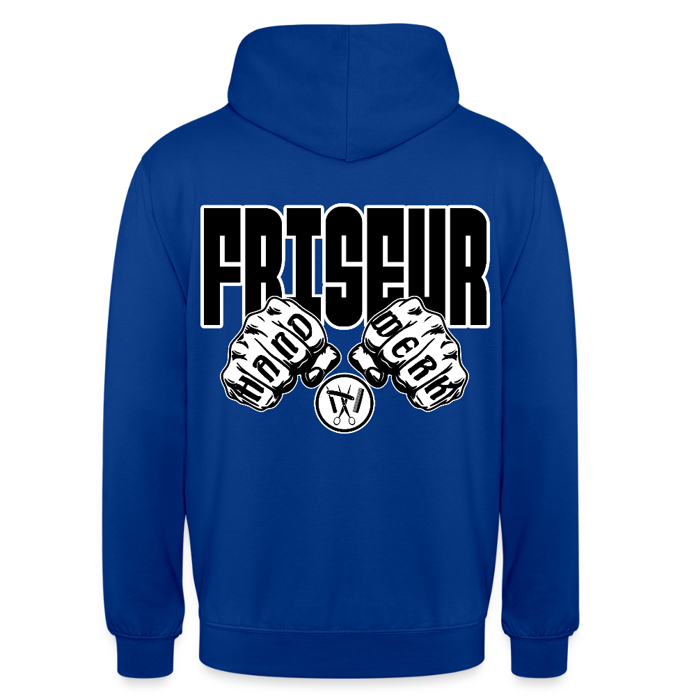 Unisex Hoodie "Friseur" (beidseitig bedruckt) Royalblau Unisex Hoodie