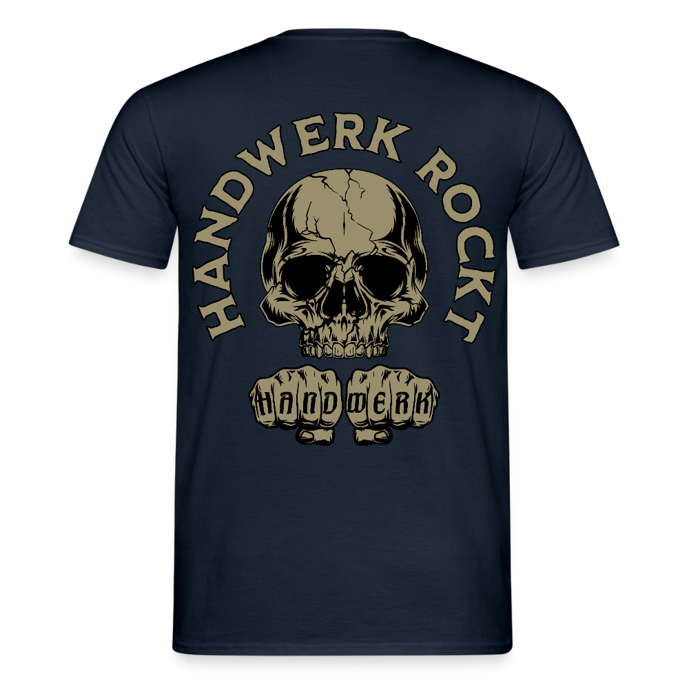 Unisex Männer T-Shirt "Handwerk-Rockt" von Spreadconnect, beidseitig bedruckt, mit handwerksbezogenem Motiv auf der Vorder- und Rückseite