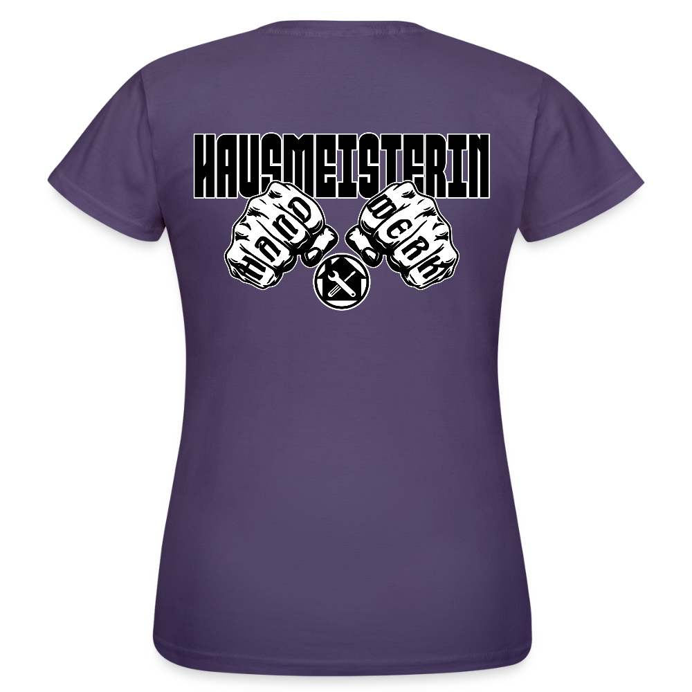 Frauen T-Shirt "Hausmeisterin" (beidseitig bedruckt) Dunkellila Frauen T-Shirt