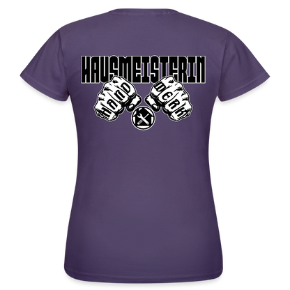 Frauen T-Shirt "Hausmeisterin" (beidseitig bedruckt) Dunkellila Frauen T-Shirt