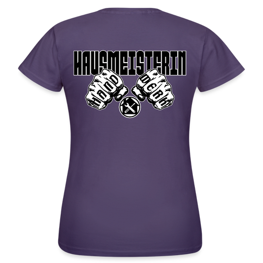 Frauen T-Shirt "Hausmeisterin" (beidseitig bedruckt) Dunkellila Frauen T-Shirt